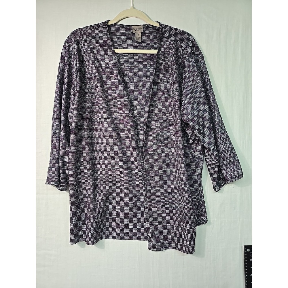 CHICO'S Easywear Women's 3‎ (XL) Purple Gold Open Front Cardigan 3/4 Sleeves Geo